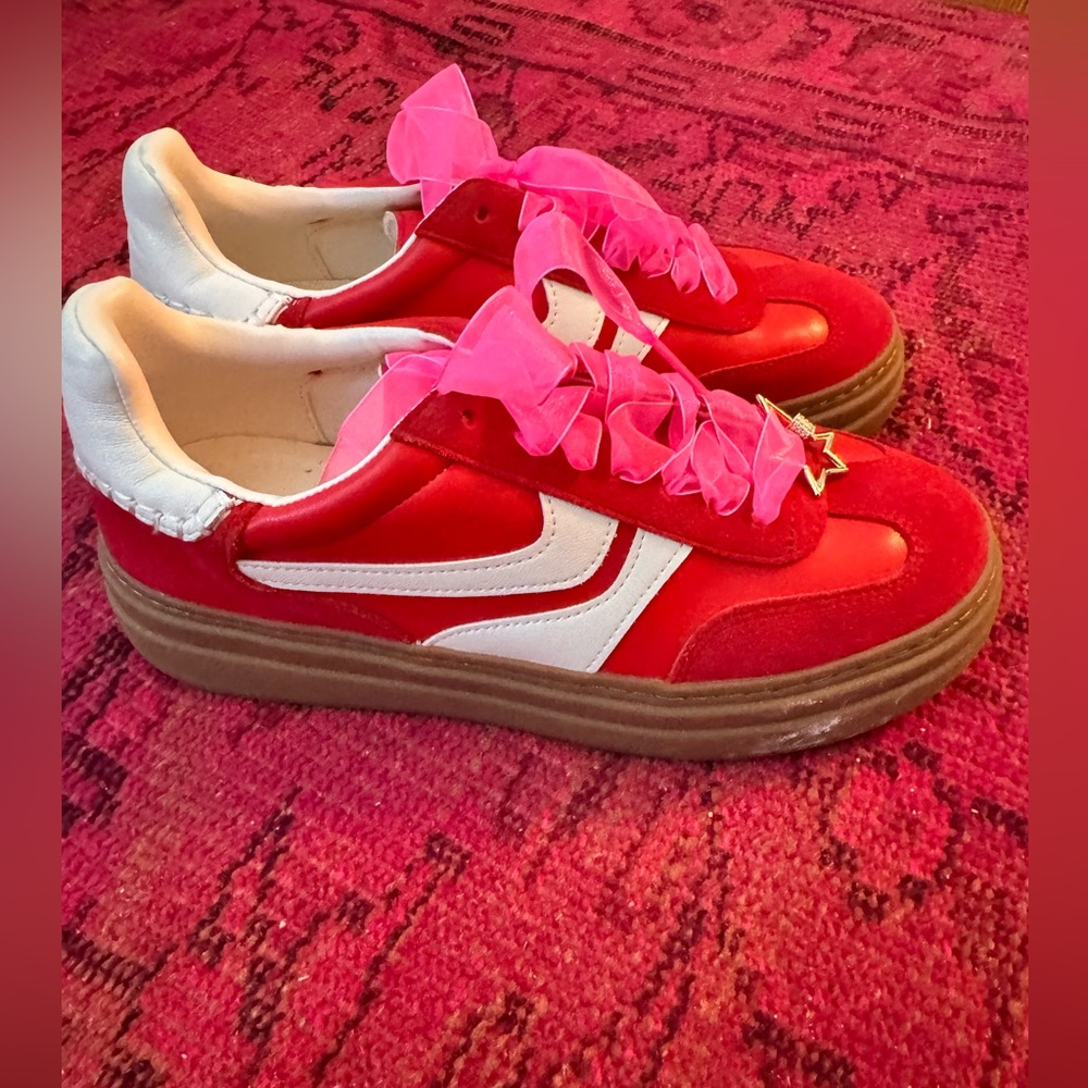 Steve Madden Red Sneakers with White Stripes and Pink Ribbon Laces